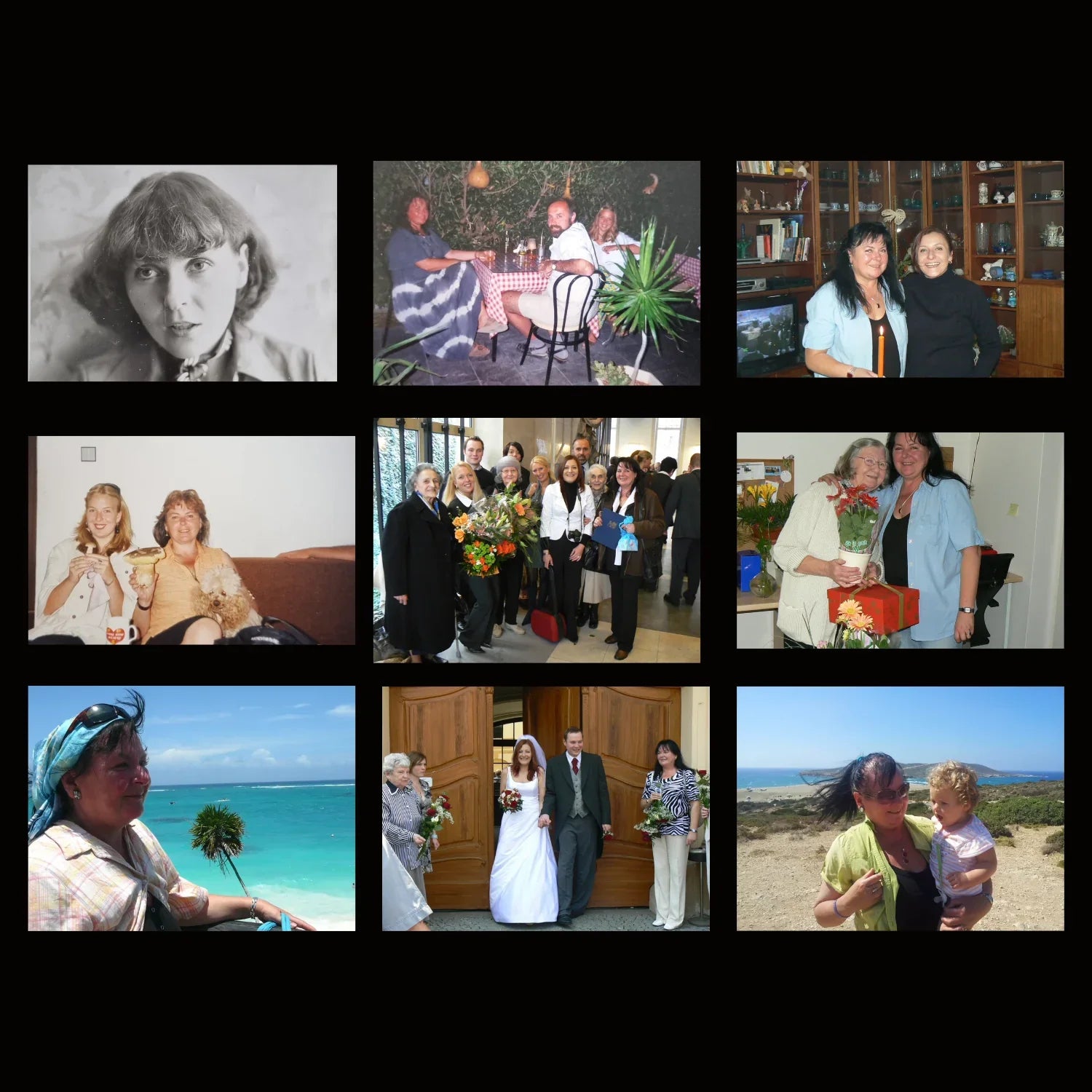 Collage of family and life moments, group photos, celebrations, and gatherings