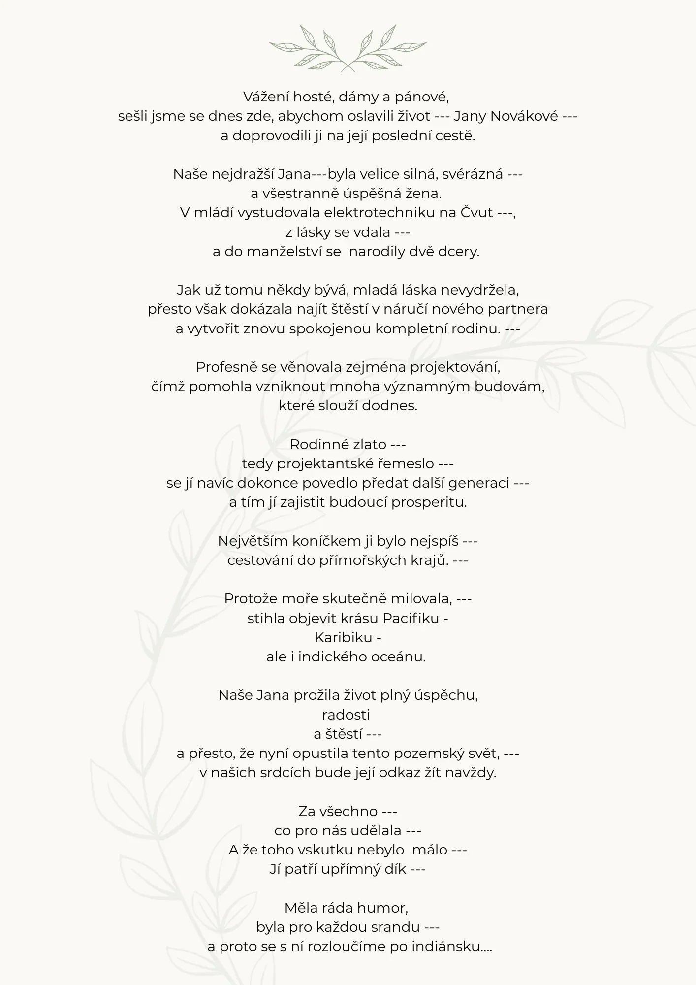 Czech funeral speech printed on white background with subtle leaf motifs, suitable for memorial or remembrance event.